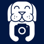 Clipart drawing of a dog holding a camera
